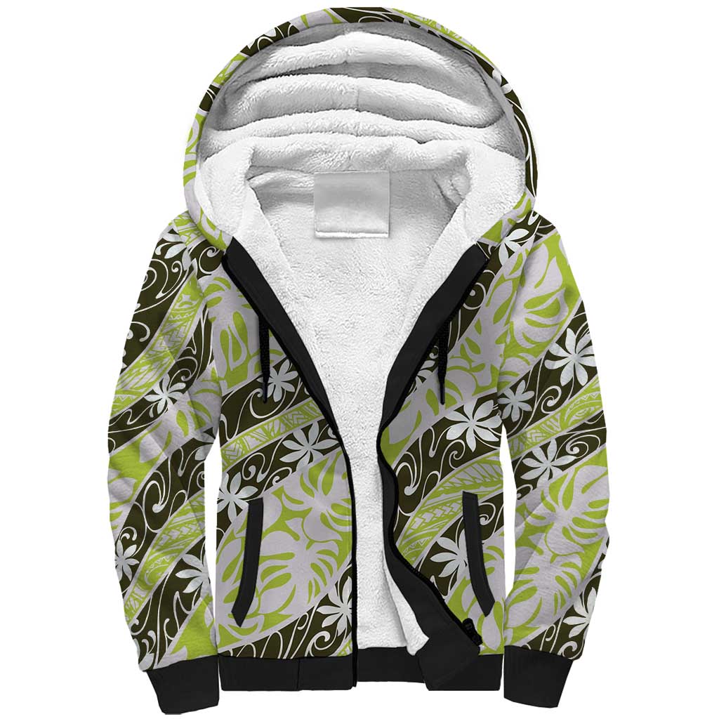 Olive Tahiti Tiare Monstera Sherpa Hoodie Polynesian Pattern Curve Style - Polynesian Pride