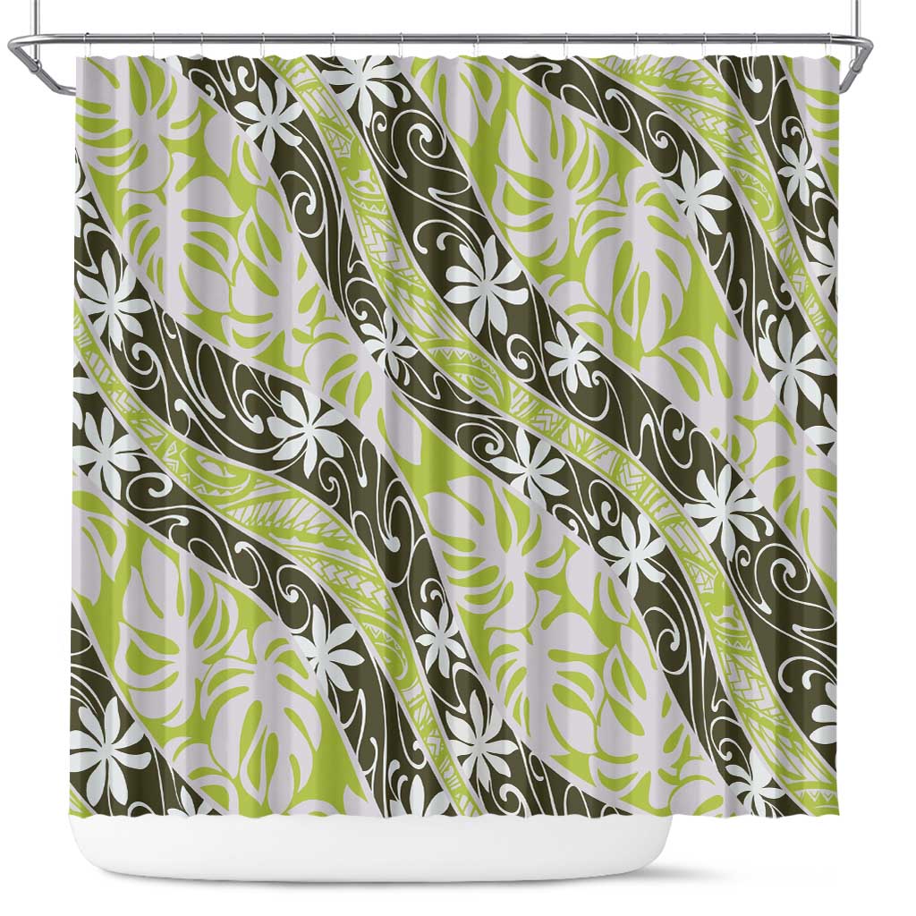 Olive Tahiti Tiare Monstera Shower Curtain Polynesian Pattern Curve Style - Polynesian Pride