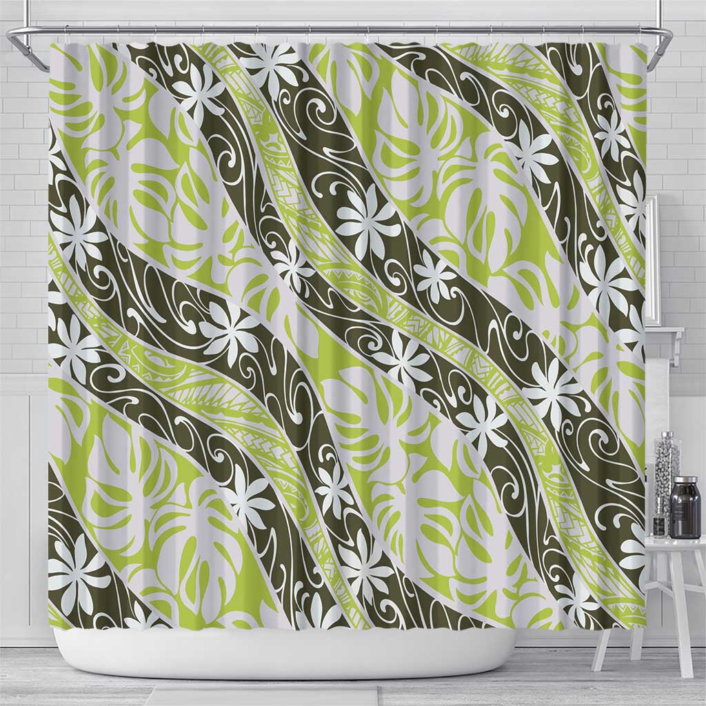 Olive Tahiti Tiare Monstera Shower Curtain Polynesian Pattern Curve Style - Polynesian Pride