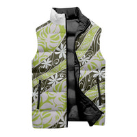 Olive Tahiti Tiare Monstera Sleeveless Puffer Jacket Polynesian Pattern Curve Style - Polynesian Pride