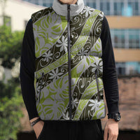Olive Tahiti Tiare Monstera Sleeveless Puffer Jacket Polynesian Pattern Curve Style - Polynesian Pride
