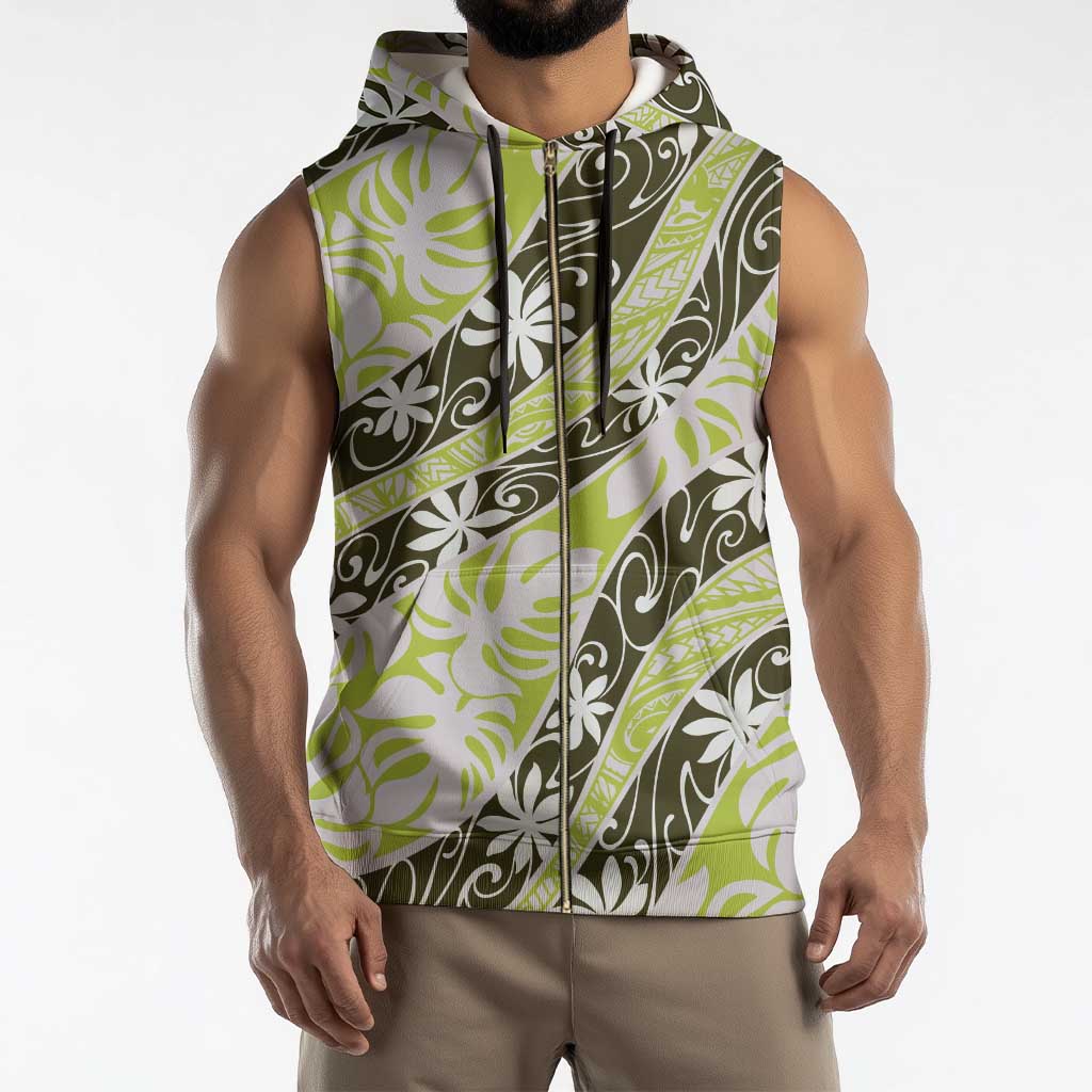 Olive Tahiti Tiare Monstera Sleeveless Zip Hoodie Polynesian Pattern Curve Style - Polynesian Pride