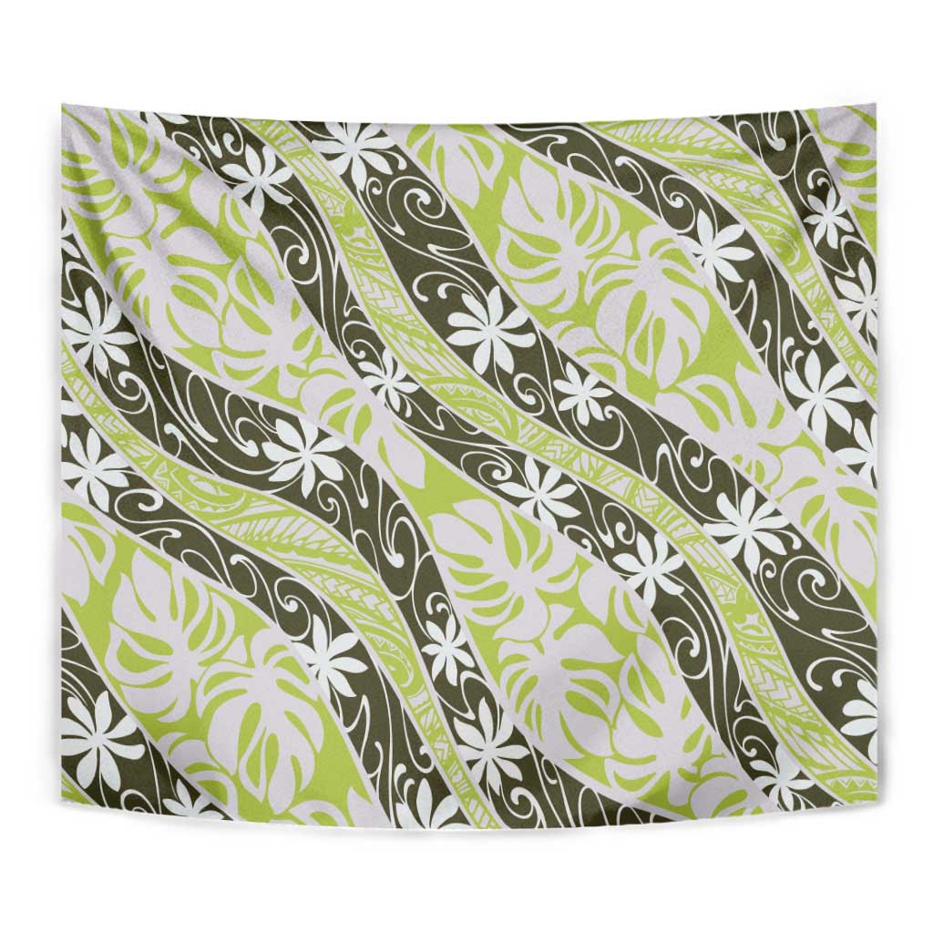 Olive Tahiti Tiare Monstera Tapestry Polynesian Pattern Curve Style - Polynesian Pride
