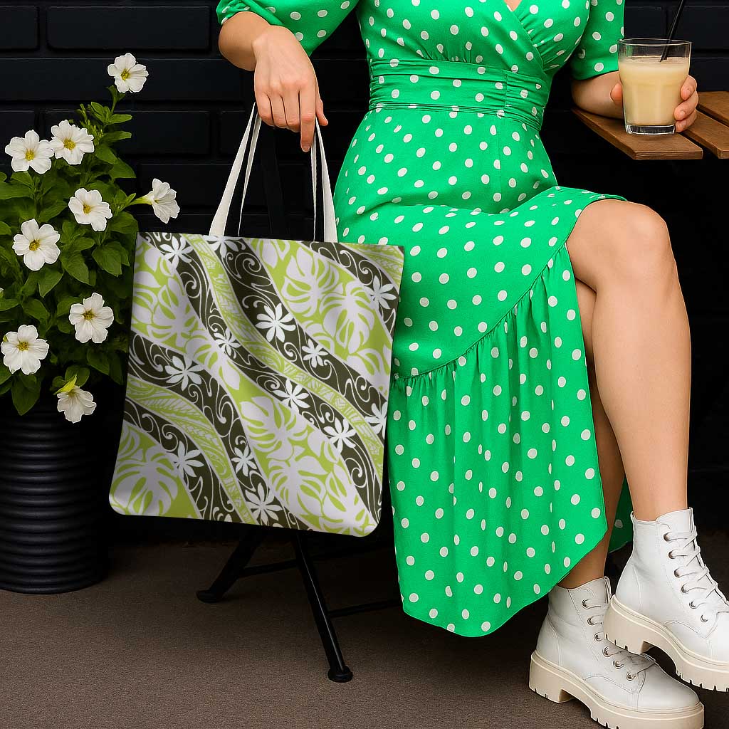 Olive Tahiti Tiare Monstera Tote Bag Polynesian Pattern Curve Style - Polynesian Pride