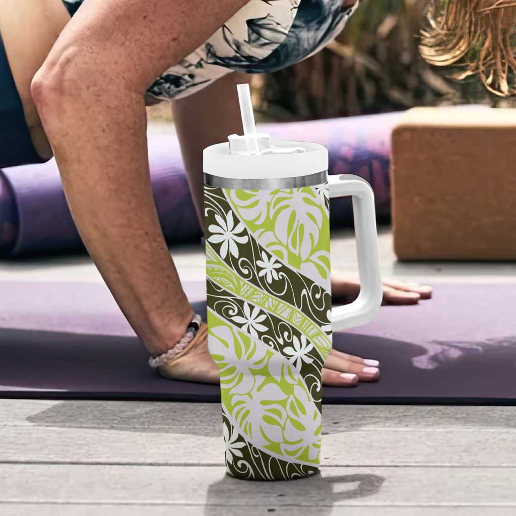 Olive Tahiti Tiare Monstera Tumbler With Handle Polynesian Pattern Curve Style - Polynesian Pride