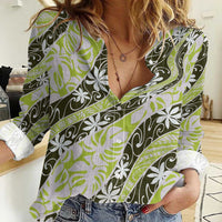 Olive Tahiti Tiare Monstera Women Casual Shirt Polynesian Pattern Curve Style - Polynesian Pride