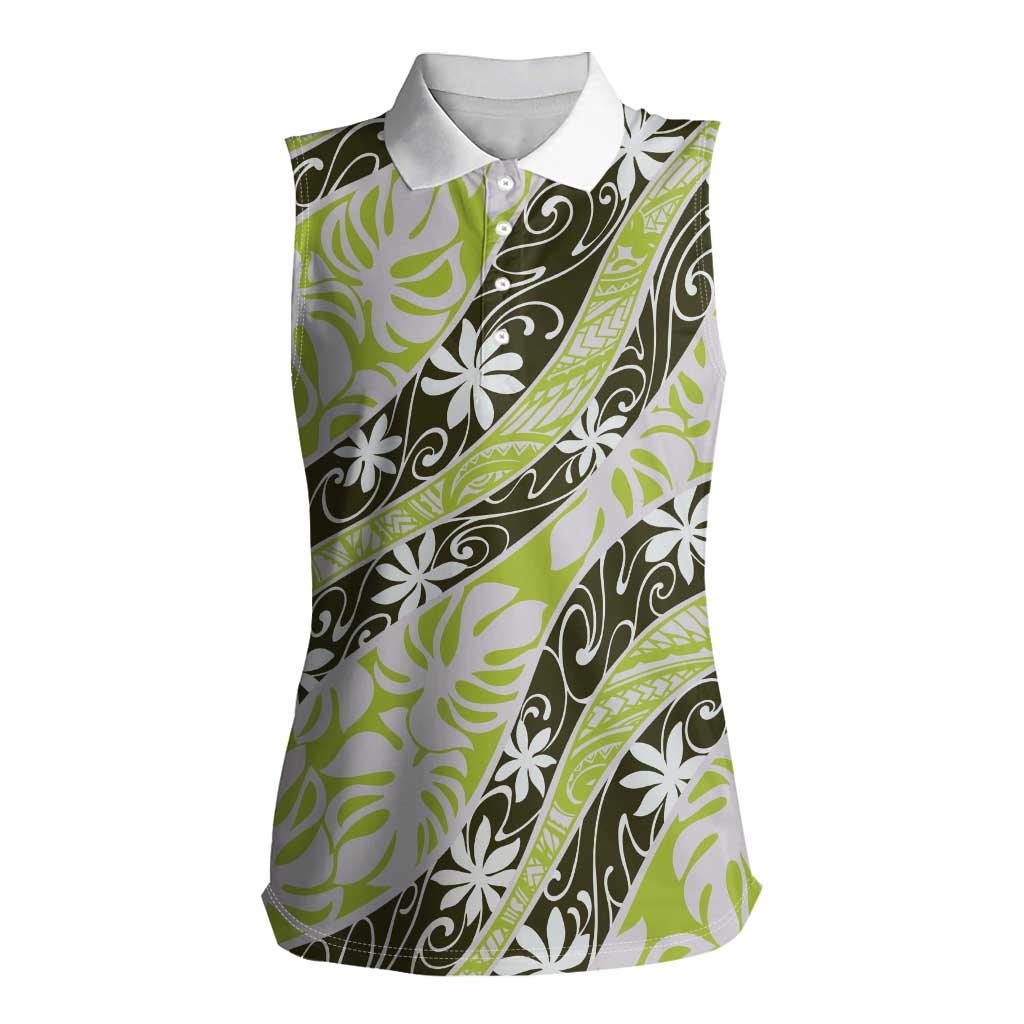 Olive Tahiti Tiare Monstera Women Sleeveless Polo Shirt Polynesian Pattern Curve Style - Polynesian Pride