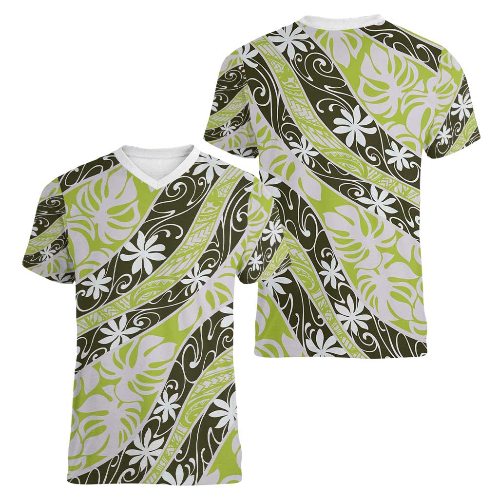 Olive Tahiti Tiare Monstera Women V-Neck T-Shirt Polynesian Pattern Curve Style - Polynesian Pride
