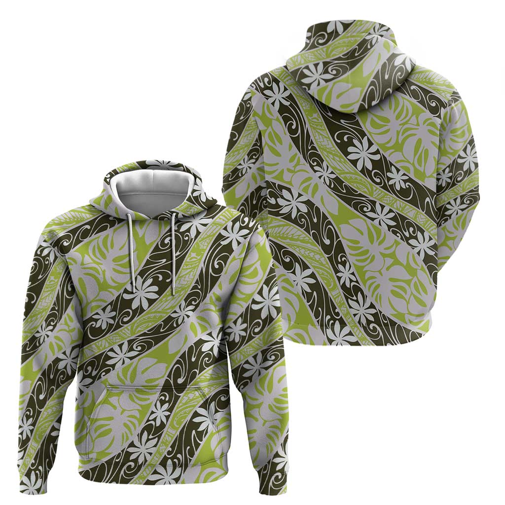 Olive Tahiti Tiare Monstera Zip Hoodie Polynesian Pattern Curve Style - Polynesian Pride