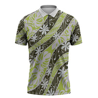 Olive Tahiti Tiare Monstera Zipper Polo Shirt Polynesian Pattern Curve Style - Polynesian Pride