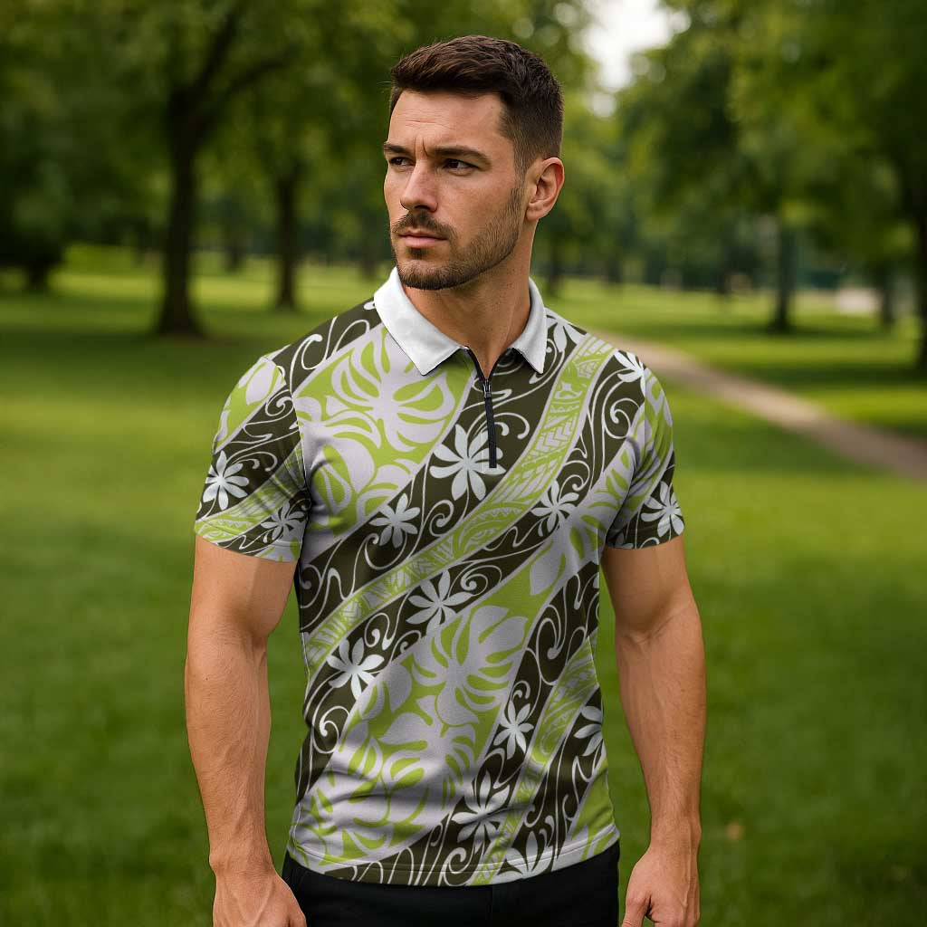 Olive Tahiti Tiare Monstera Zipper Polo Shirt Polynesian Pattern Curve Style - Polynesian Pride