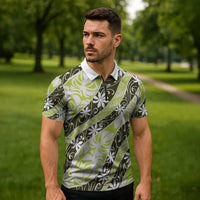 Olive Tahiti Tiare Monstera Zipper Polo Shirt Polynesian Pattern Curve Style - Polynesian Pride