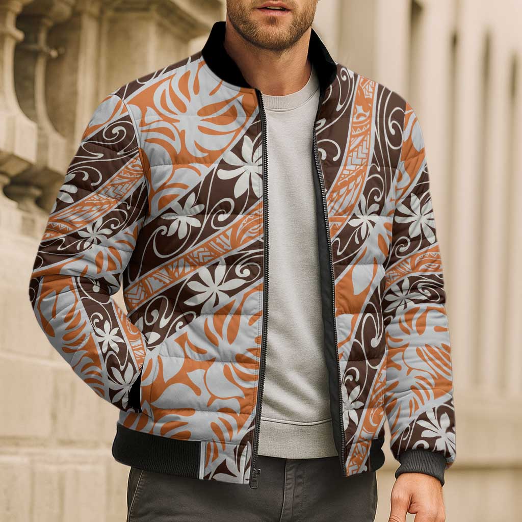 Puatou Tahiti Tiare Monstera Bomber Puffer Jacket Polynesian Pattern Curve Style - Polynesian Pride