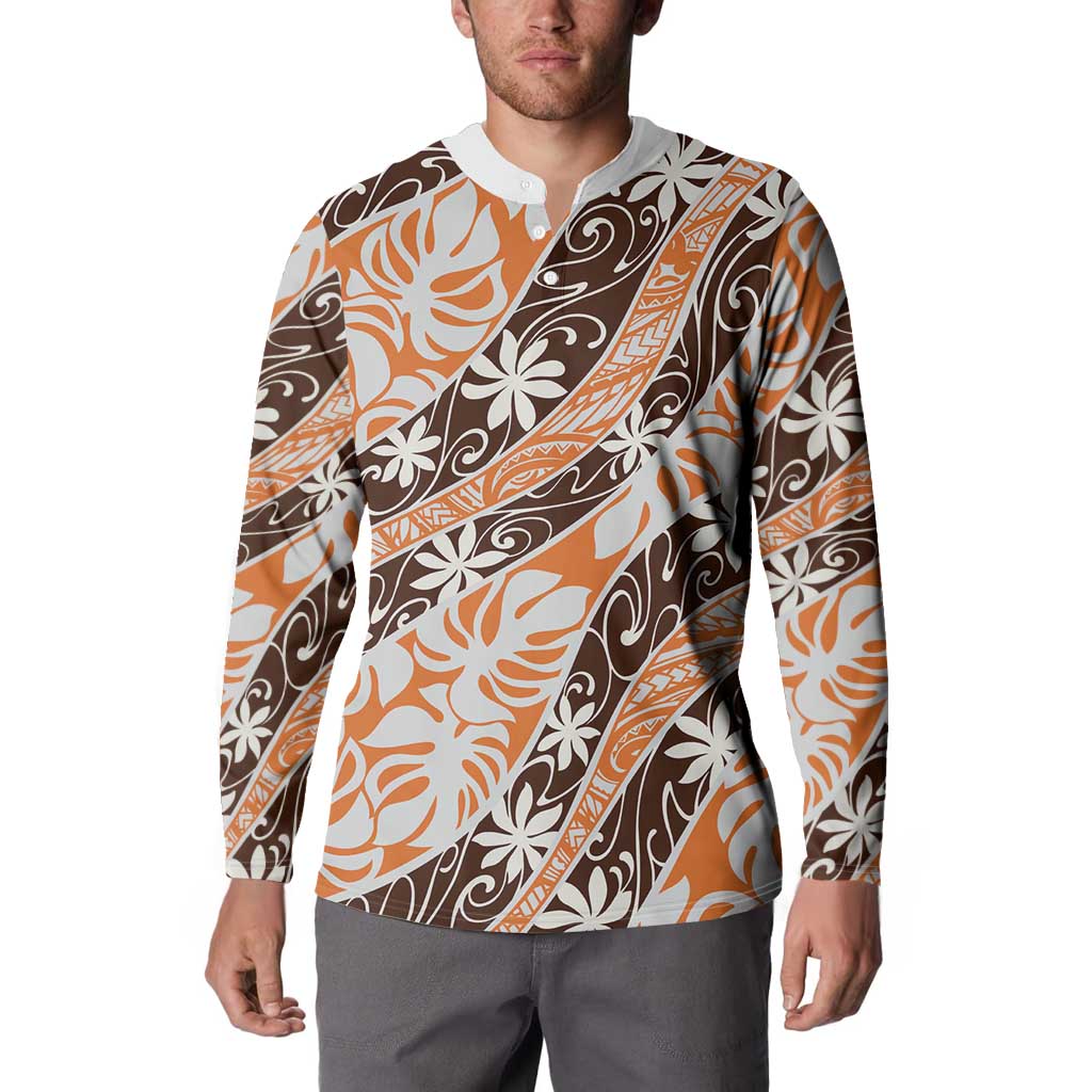 Puatou Tahiti Tiare Monstera Button Sweatshirt Polynesian Pattern Curve Style - Polynesian Pride