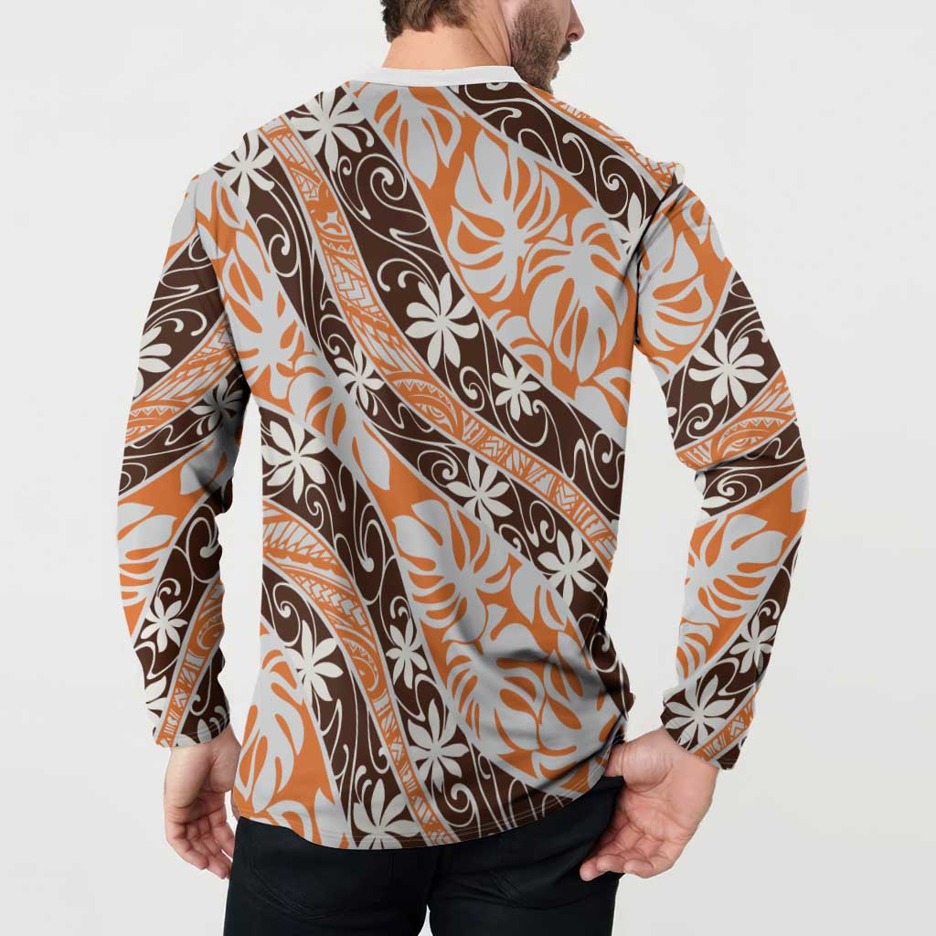 Puatou Tahiti Tiare Monstera Button Sweatshirt Polynesian Pattern Curve Style - Polynesian Pride