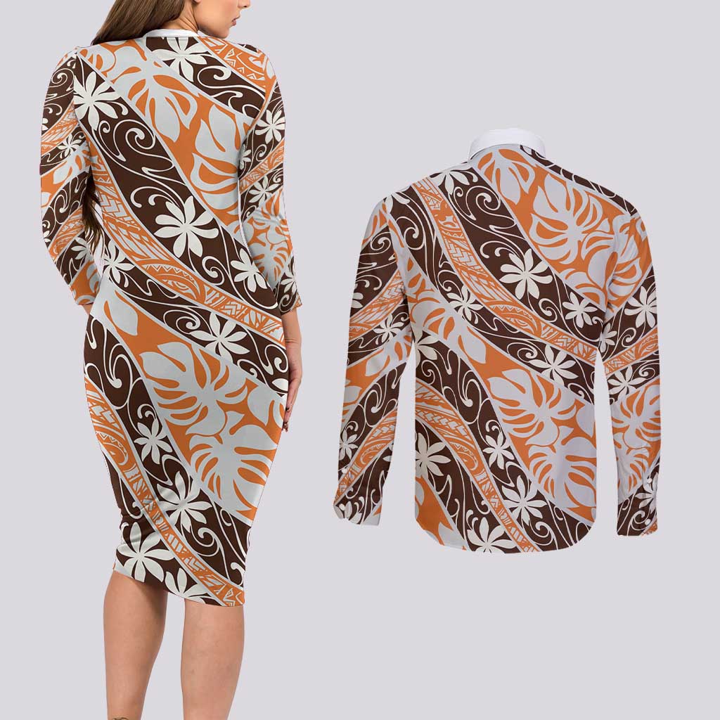 Puatou Tahiti Tiare Monstera Couples Matching Long Sleeve Bodycon Dress and Long Sleeve Button Shirt Polynesian Pattern Curve Style - Polynesian Pride