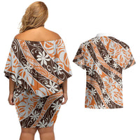 Puatou Tahiti Tiare Monstera Couples Matching Off Shoulder Short Dress and Hawaiian Shirt Polynesian Pattern Curve Style - Polynesian Pride