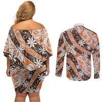 Puatou Tahiti Tiare Monstera Couples Matching Off Shoulder Short Dress and Long Sleeve Button Shirt Polynesian Pattern Curve Style - Polynesian Pride