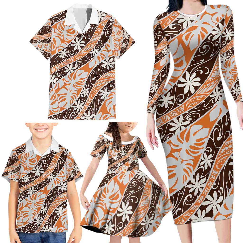 Puatou Tahiti Tiare Monstera Family Matching Long Sleeve Bodycon Dress and Hawaiian Shirt Polynesian Pattern Curve Style - Polynesian Pride