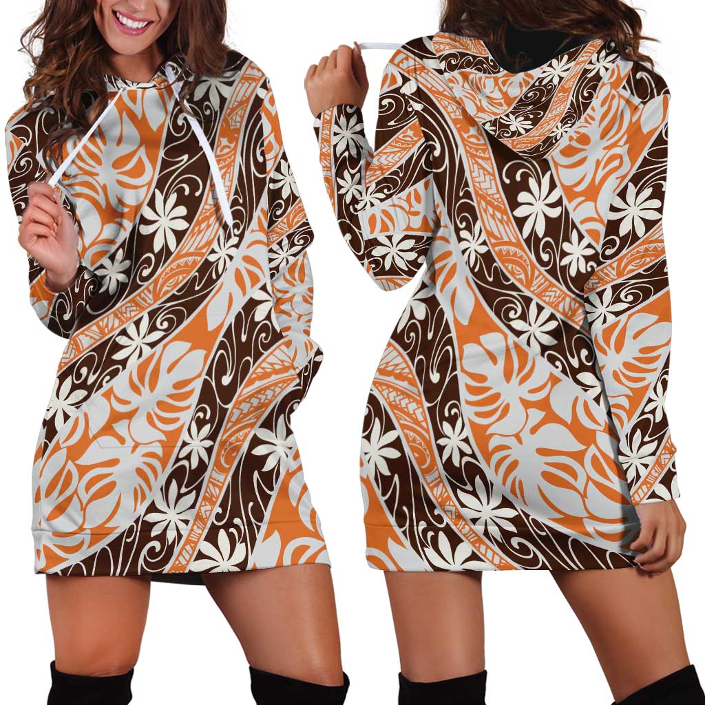 Puatou Tahiti Tiare Monstera Hoodie Dress Polynesian Pattern Curve Style - Polynesian Pride