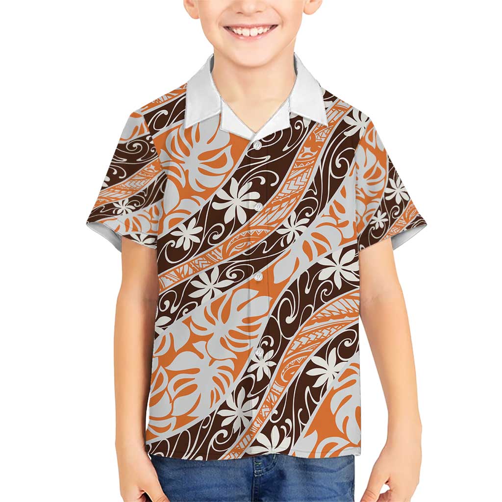 Puatou Tahiti Tiare Monstera Kid Hawaiian Shirt Polynesian Pattern Curve Style - Polynesian Pride
