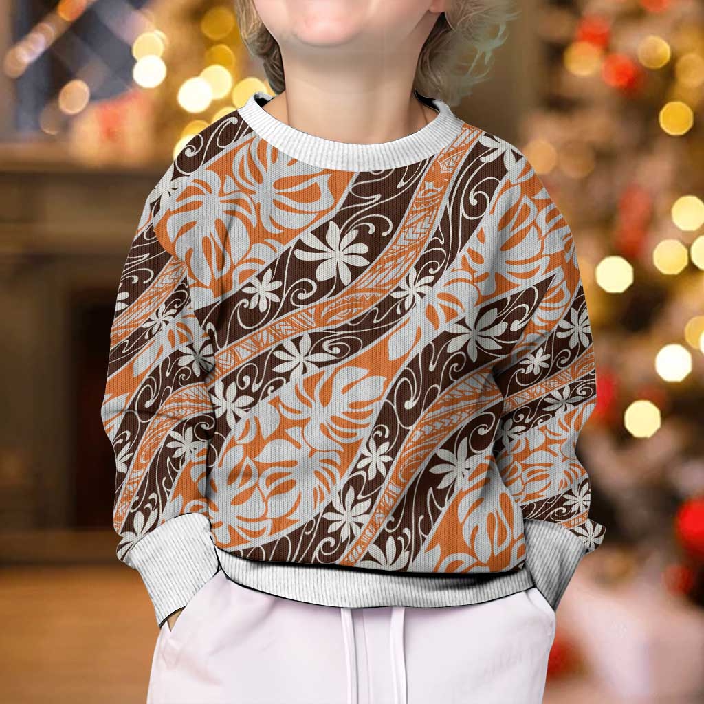 Puatou Tahiti Tiare Monstera Kid Ugly Christmas Sweater Polynesian Pattern Curve Style - Polynesian Pride