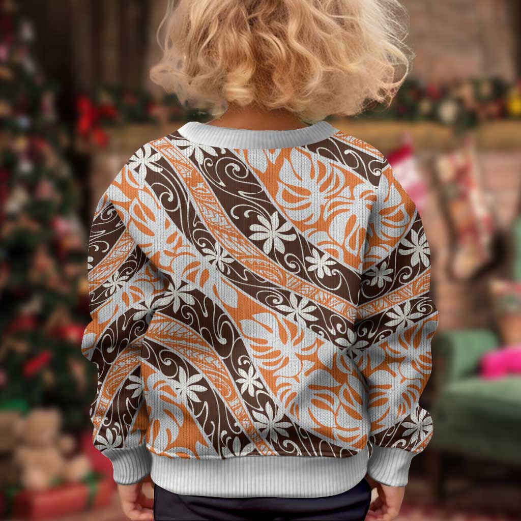 Puatou Tahiti Tiare Monstera Kid Ugly Christmas Sweater Polynesian Pattern Curve Style - Polynesian Pride