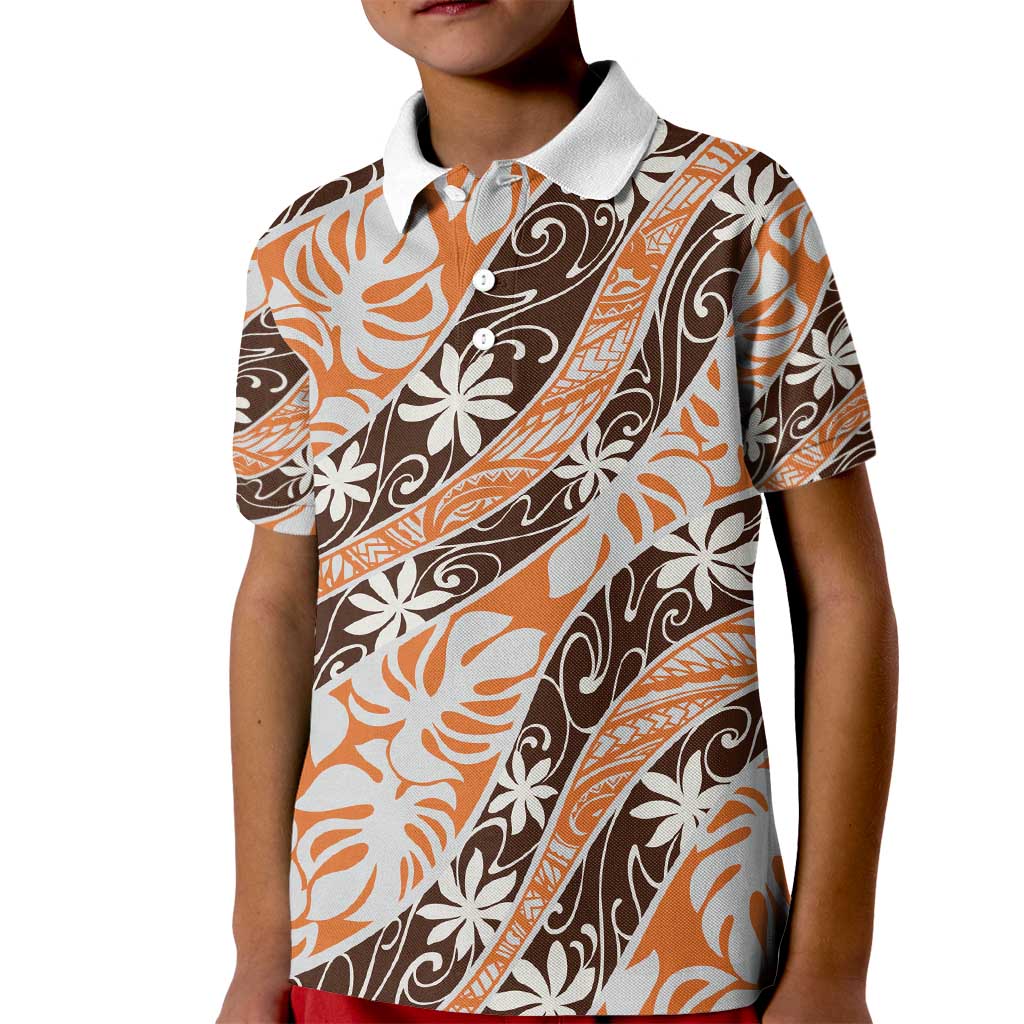 Puatou Tahiti Tiare Monstera Kid Polo Shirt Polynesian Pattern Curve Style - Polynesian Pride