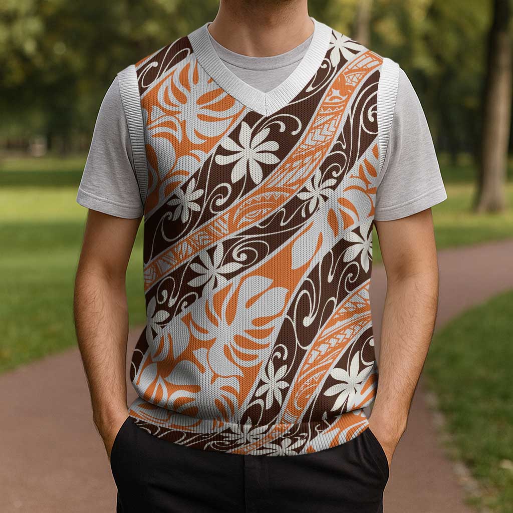 Puatou Tahiti Tiare Monstera Christmas Knitted V-Neck Vest Polynesian Pattern Curve Style - Polynesian Pride