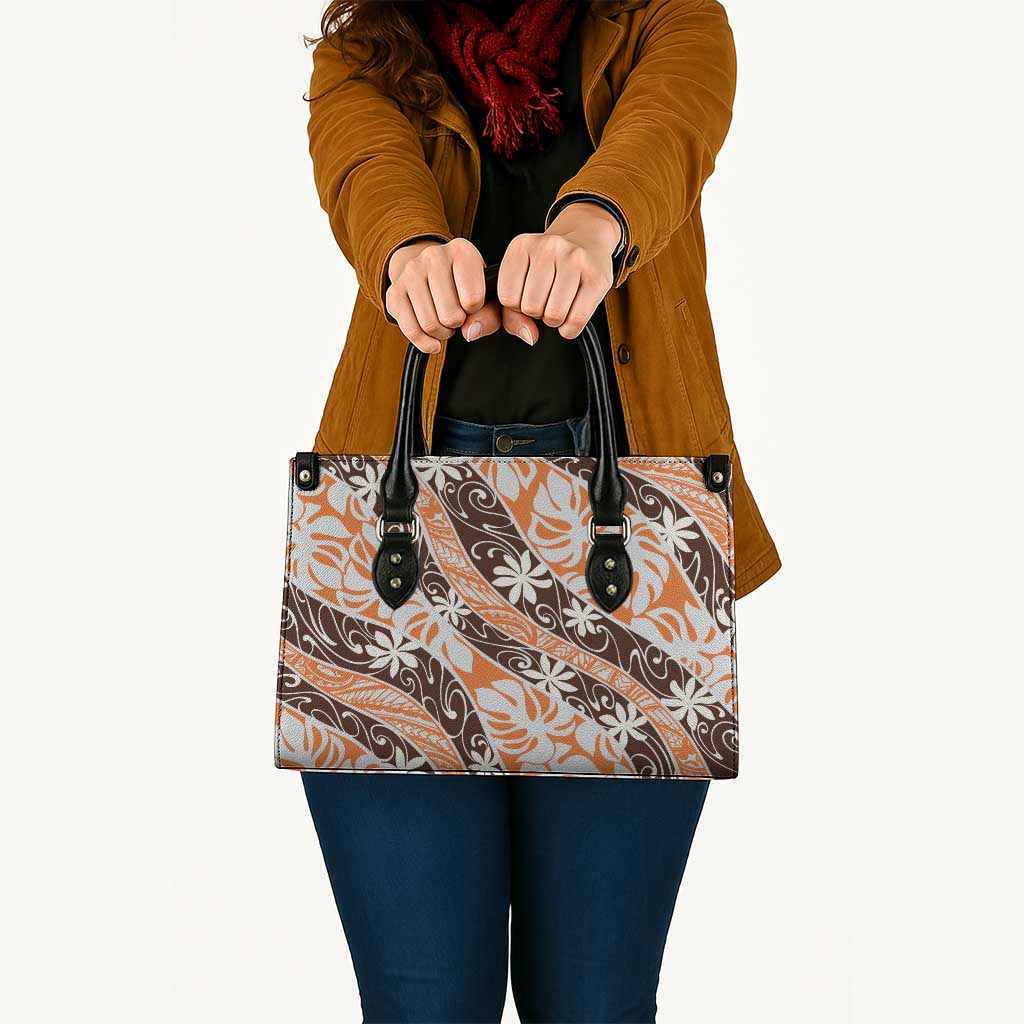 Puatou Tahiti Tiare Monstera Leather Bag Polynesian Pattern Curve Style - Polynesian Pride