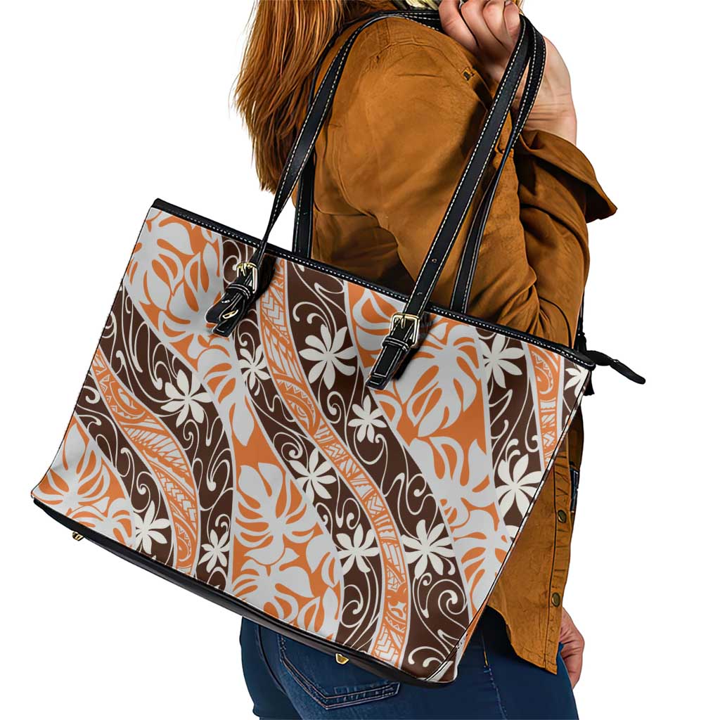 Puatou Tahiti Tiare Monstera Leather Tote Bag Polynesian Pattern Curve Style - Polynesian Pride