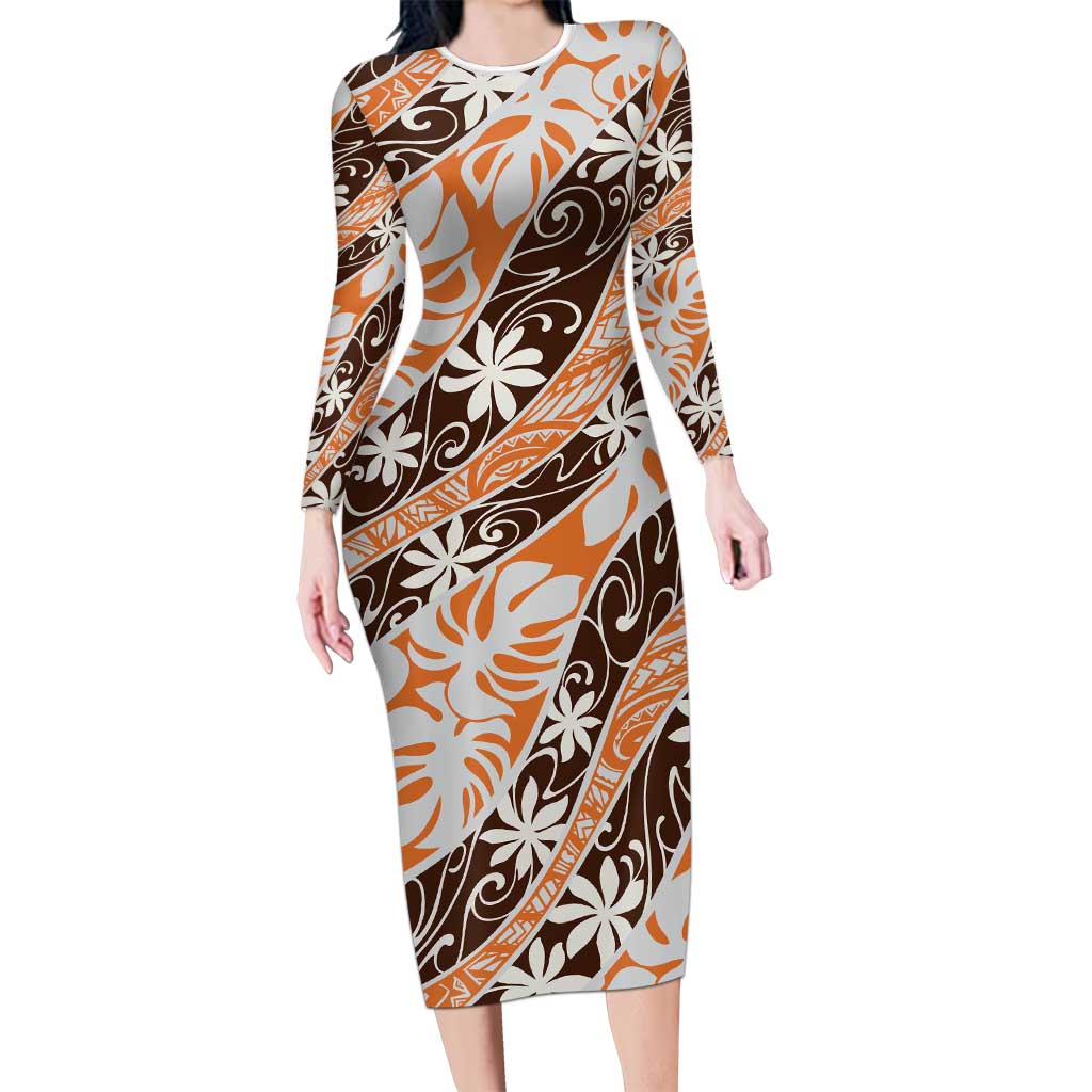 Puatou Tahiti Tiare Monstera Long Sleeve Bodycon Dress Polynesian Pattern Curve Style - Polynesian Pride