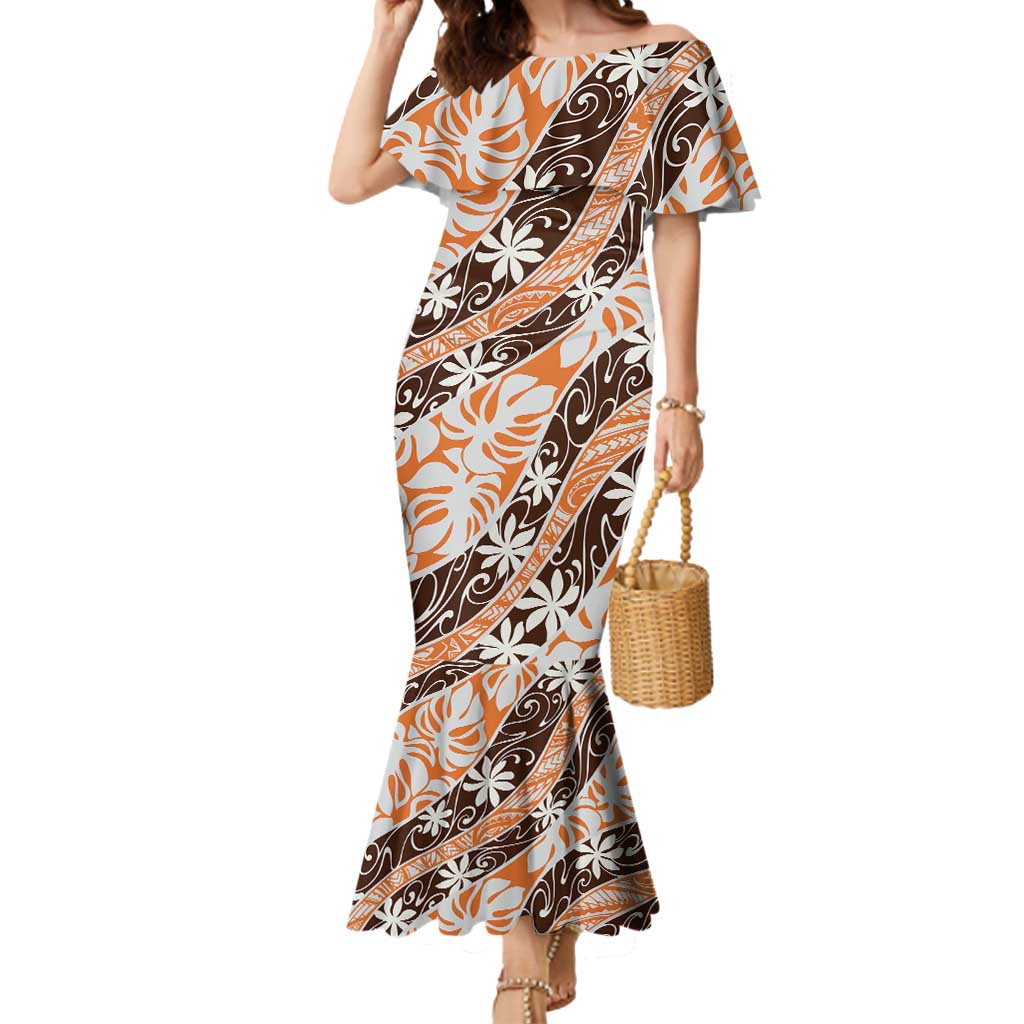 Puatou Tahiti Tiare Monstera Mermaid Dress Polynesian Pattern Curve Style - Polynesian Pride