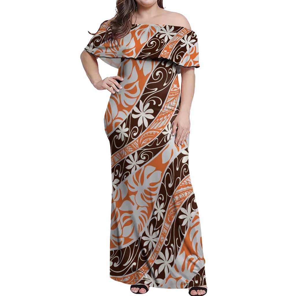 Puatou Tahiti Tiare Monstera Off Shoulder Maxi Dress Polynesian Pattern Curve Style - Polynesian Pride