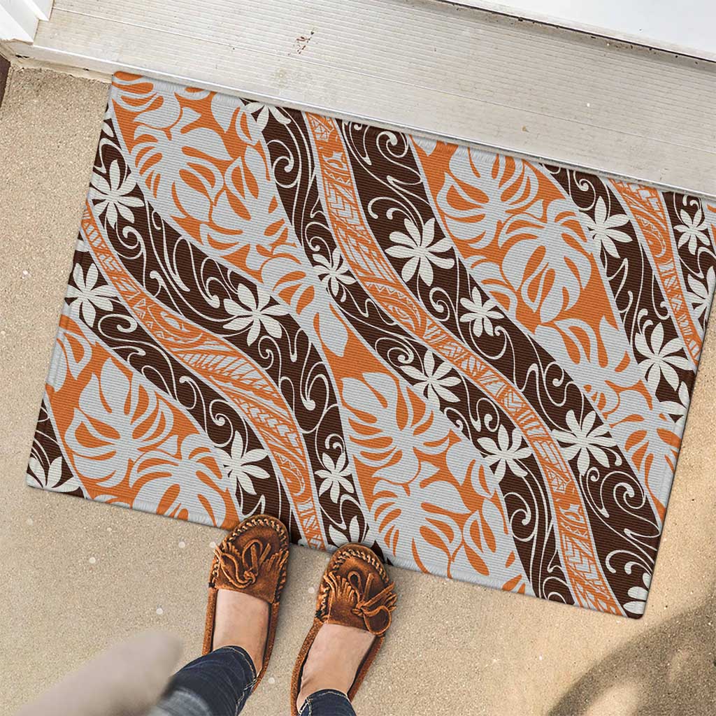 Puatou Tahiti Tiare Monstera Rubber Doormat Polynesian Pattern Curve Style - Polynesian Pride
