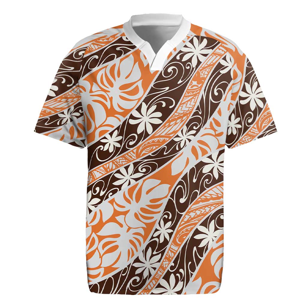 Puatou Tahiti Tiare Monstera Rugby Jersey Polynesian Pattern Curve Style - Polynesian Pride
