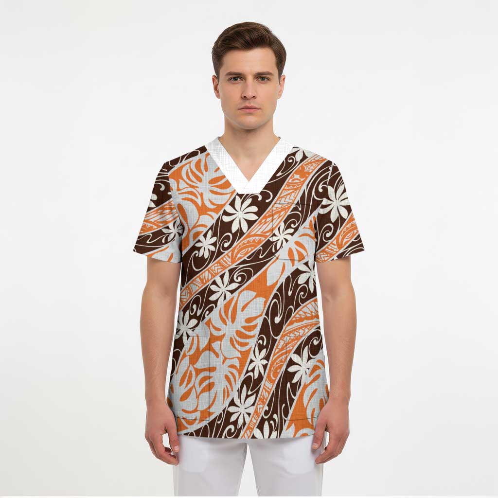 Puatou Tahiti Tiare Monstera Scrub Top Polynesian Pattern Curve Style - Polynesian Pride