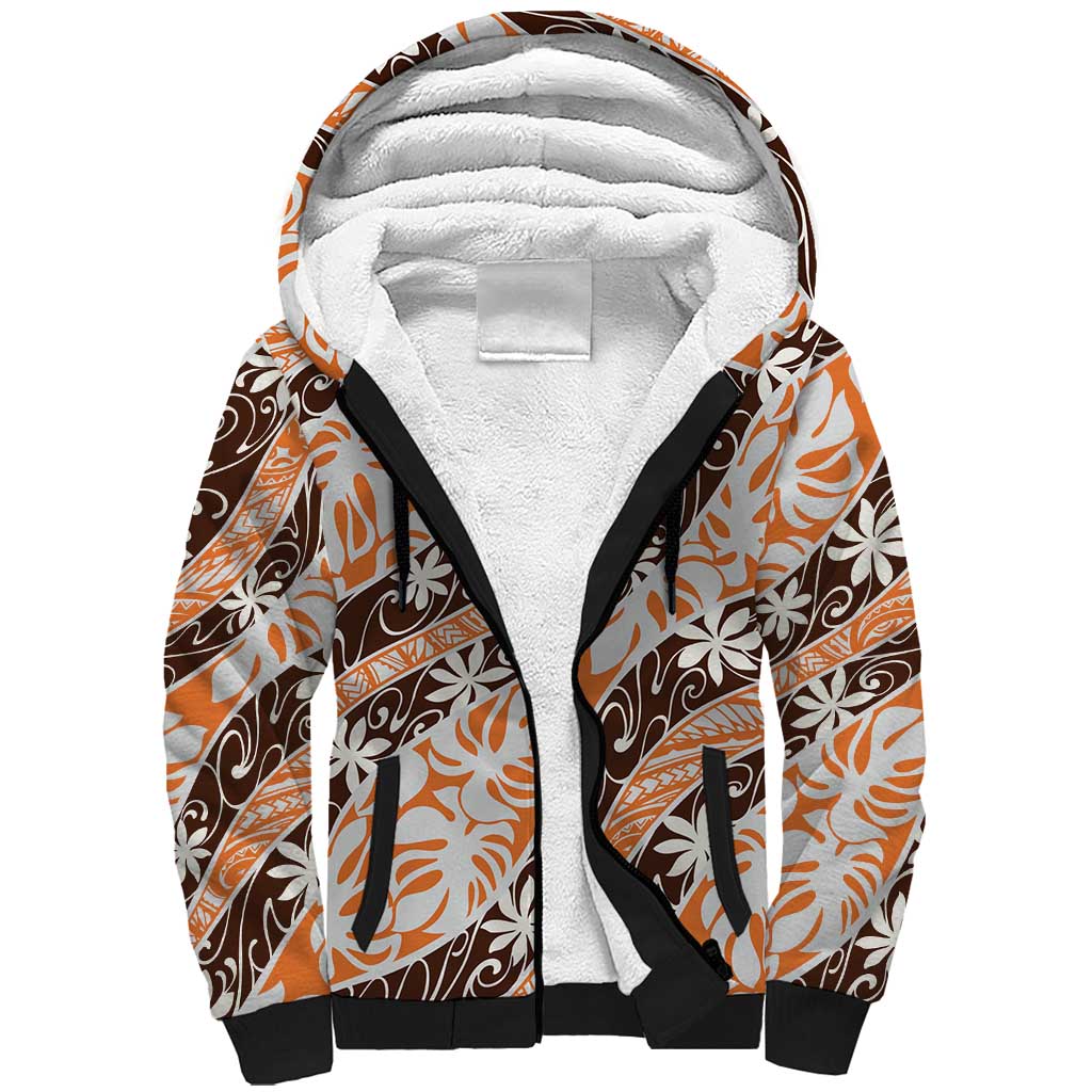 Puatou Tahiti Tiare Monstera Sherpa Hoodie Polynesian Pattern Curve Style - Polynesian Pride