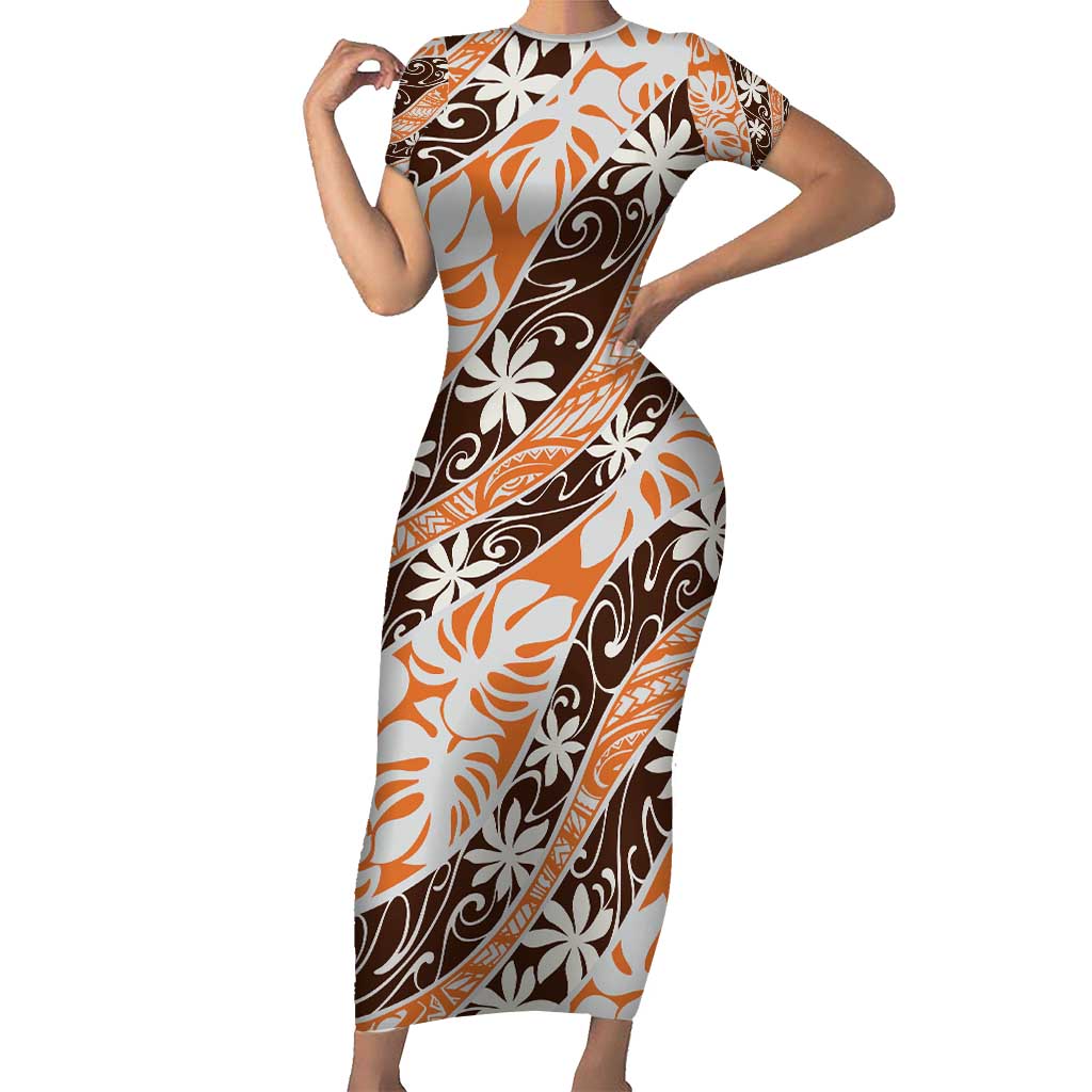 Puatou Tahiti Tiare Monstera Short Sleeve Bodycon Dress Polynesian Pattern Curve Style - Polynesian Pride