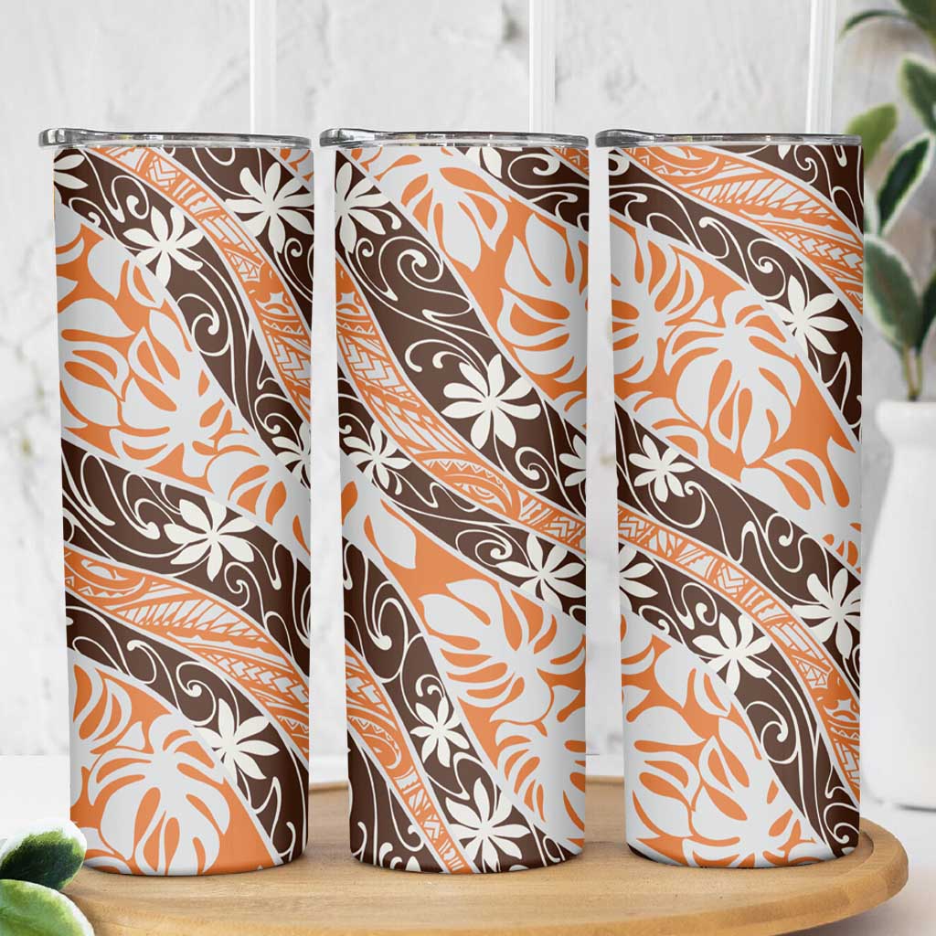 Puatou Tahiti Tiare Monstera Skinny Tumbler Polynesian Pattern Curve Style - Polynesian Pride