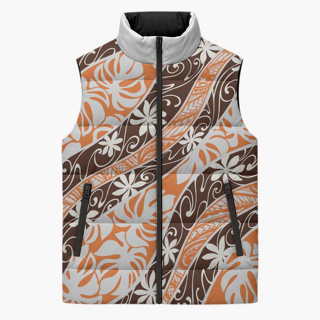 Puatou Tahiti Tiare Monstera Sleeveless Puffer Jacket Polynesian Pattern Curve Style - Polynesian Pride