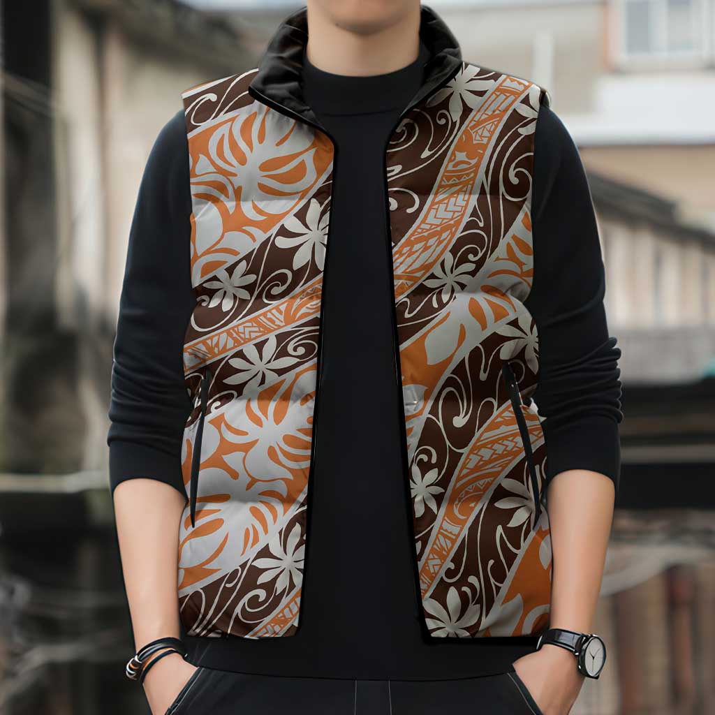 Puatou Tahiti Tiare Monstera Sleeveless Puffer Jacket Polynesian Pattern Curve Style - Polynesian Pride