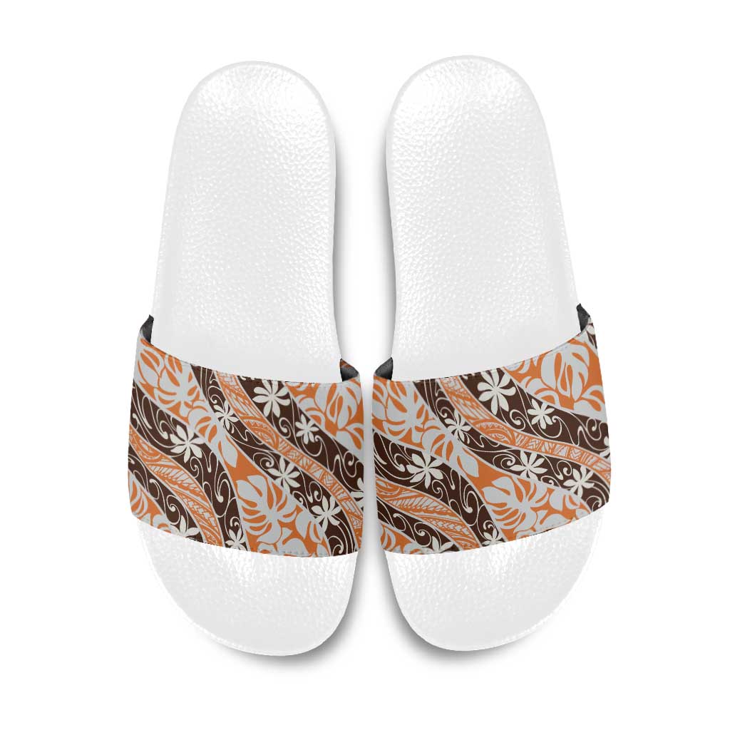 Puatou Tahiti Tiare Monstera Slide Sandals Polynesian Pattern Curve Style - Polynesian Pride