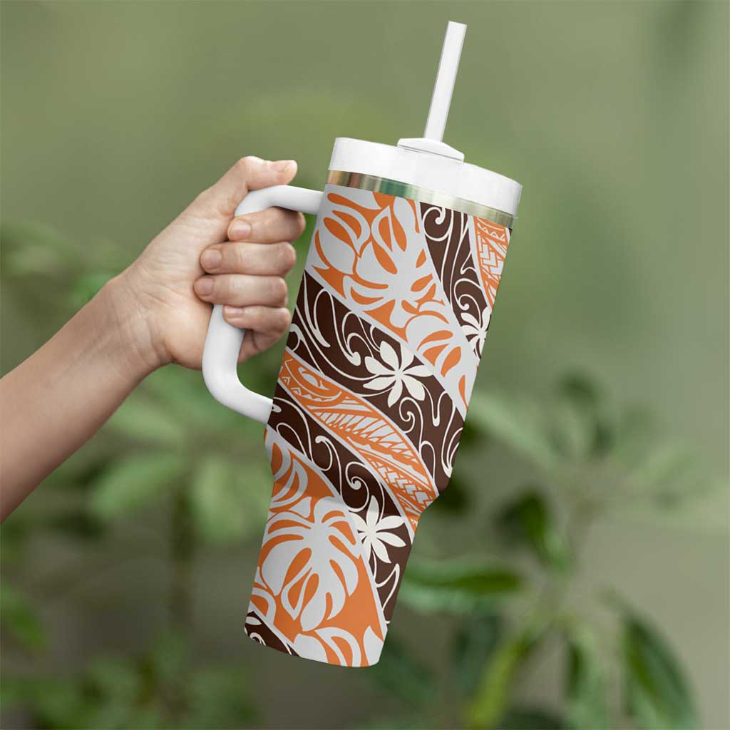 Puatou Tahiti Tiare Monstera Tumbler With Handle Polynesian Pattern Curve Style - Polynesian Pride