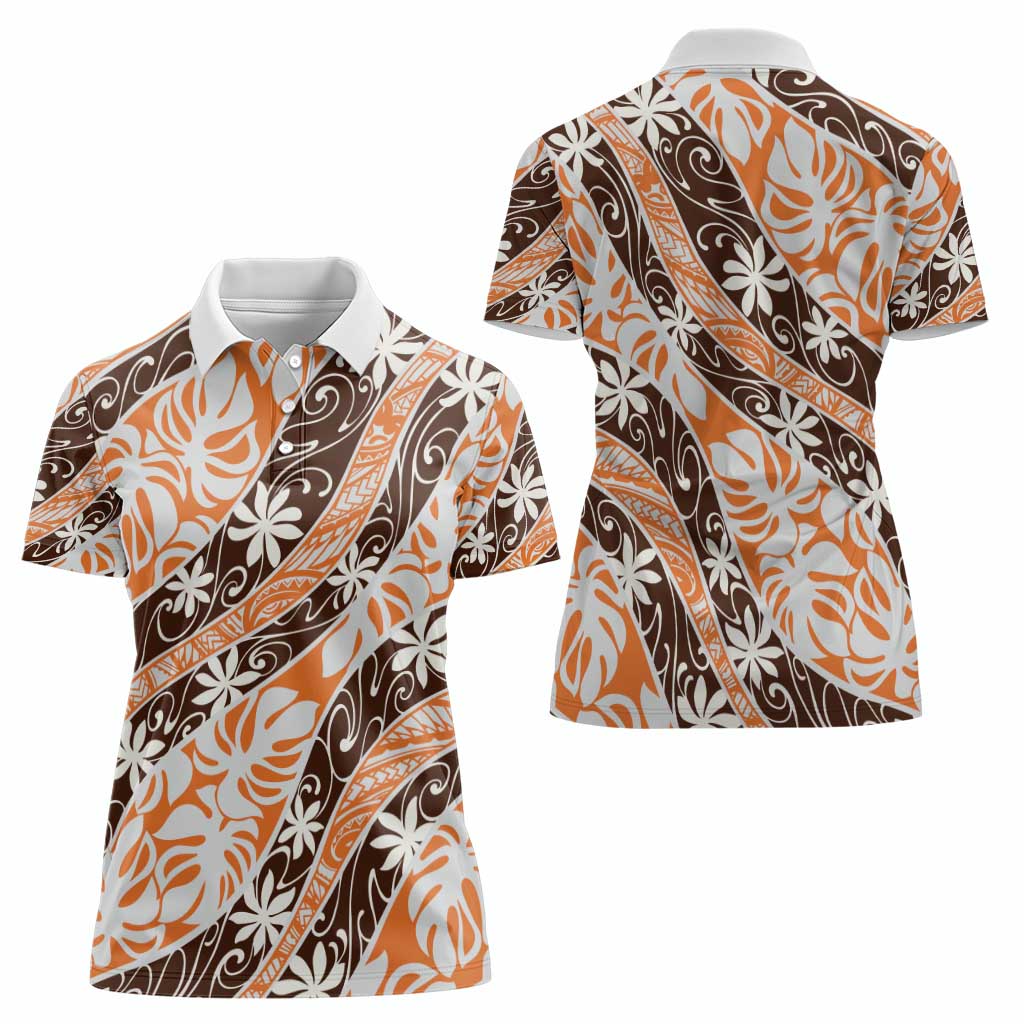 Puatou Tahiti Tiare Monstera Women Polo Shirt Polynesian Pattern Curve Style - Polynesian Pride