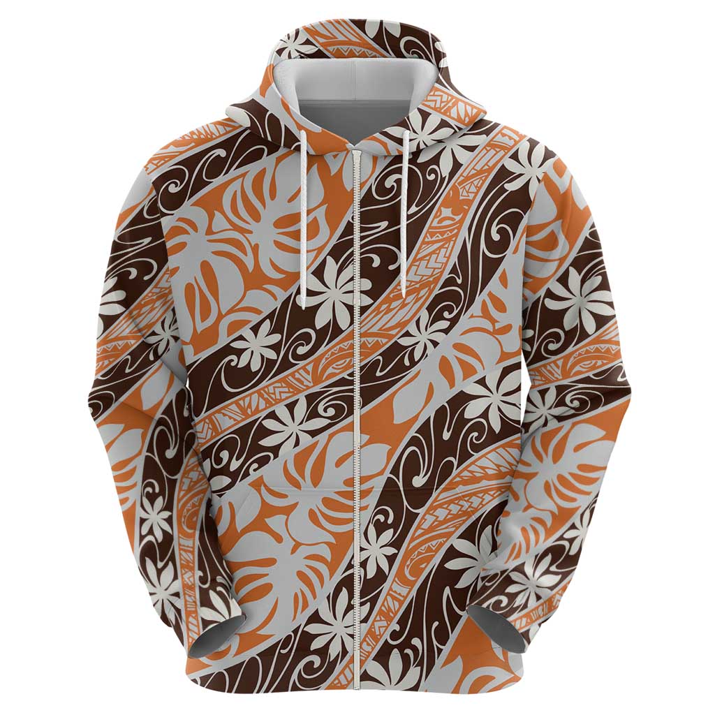 Puatou Tahiti Tiare Monstera Zip Hoodie Polynesian Pattern Curve Style - Polynesian Pride