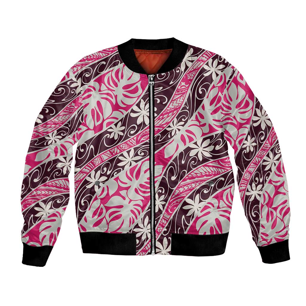 Tarona Tahiti Tiare Monstera Bomber Jacket Polynesian Pattern Curve Style - Polynesian Pride
