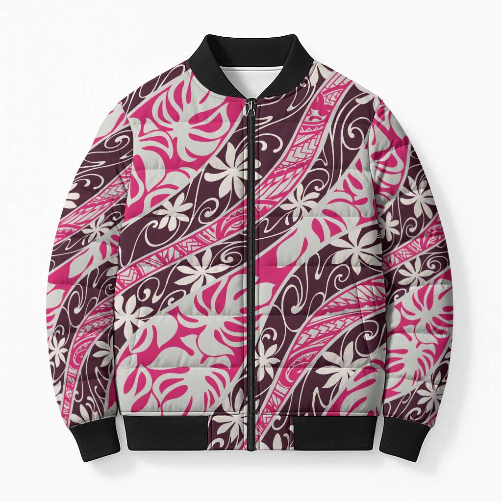 Tarona Tahiti Tiare Monstera Bomber Puffer Jacket Polynesian Pattern Curve Style - Polynesian Pride