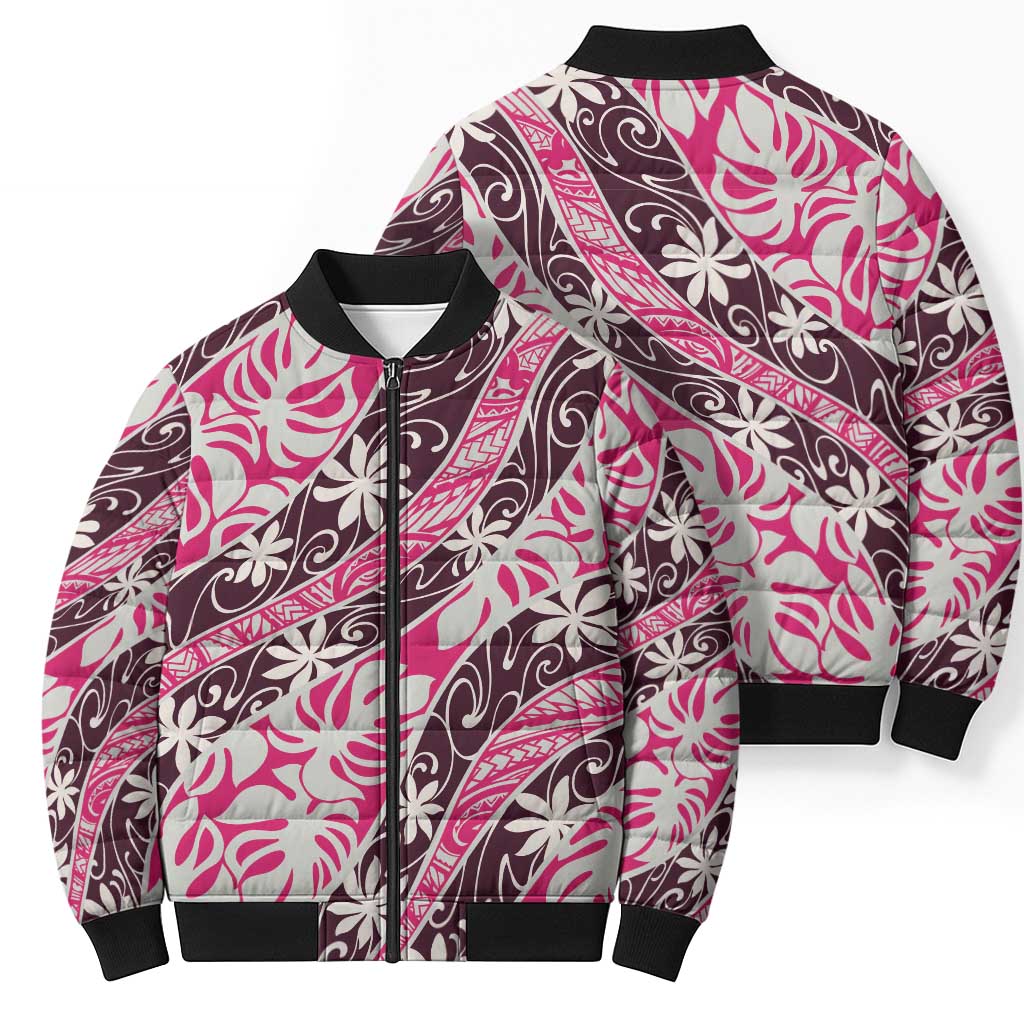 Tarona Tahiti Tiare Monstera Bomber Puffer Jacket Polynesian Pattern Curve Style - Polynesian Pride
