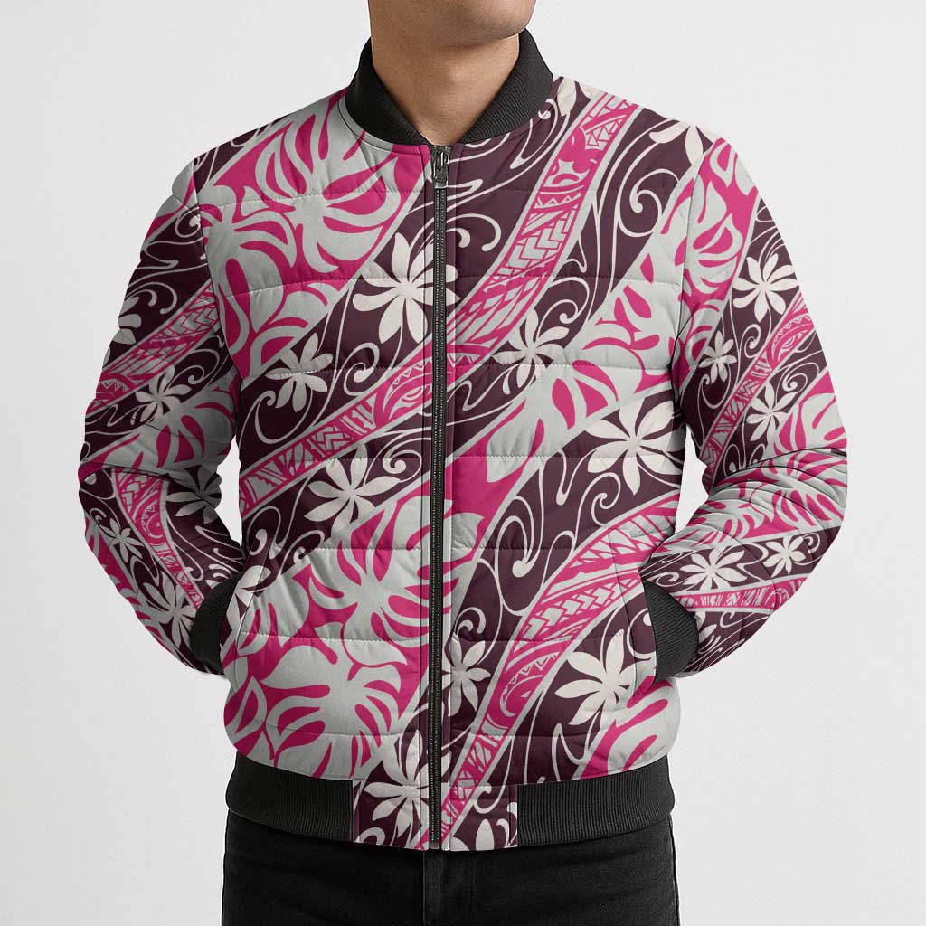 Tarona Tahiti Tiare Monstera Bomber Puffer Jacket Polynesian Pattern Curve Style - Polynesian Pride